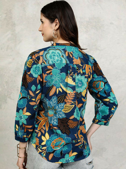 Navy Blue Floral Printed Cotton Top for Women – Mandarin Collar & Bishop Sleeves | Indiaista