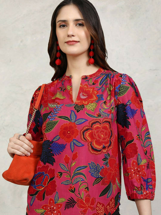 Women's Pink Floral Printed Cotton Top – Mandarin Collar, Long Sleeves | Indiaista