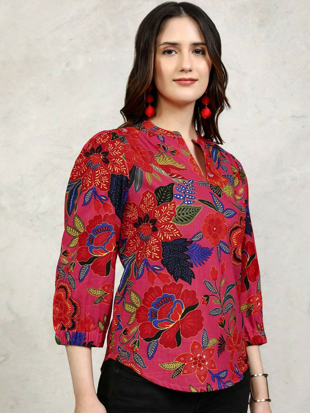 Women's Pink Floral Printed Cotton Top – Mandarin Collar, Long Sleeves | Indiaista