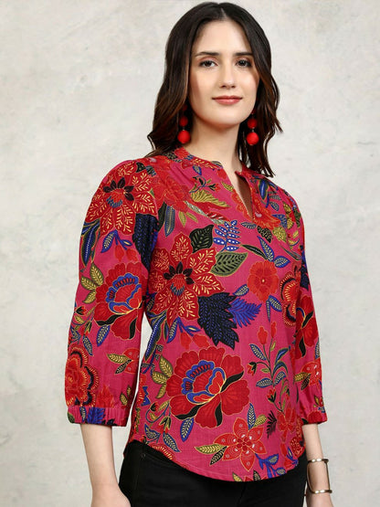 Women's Pink Floral Printed Cotton Top – Mandarin Collar, Long Sleeves | Indiaista