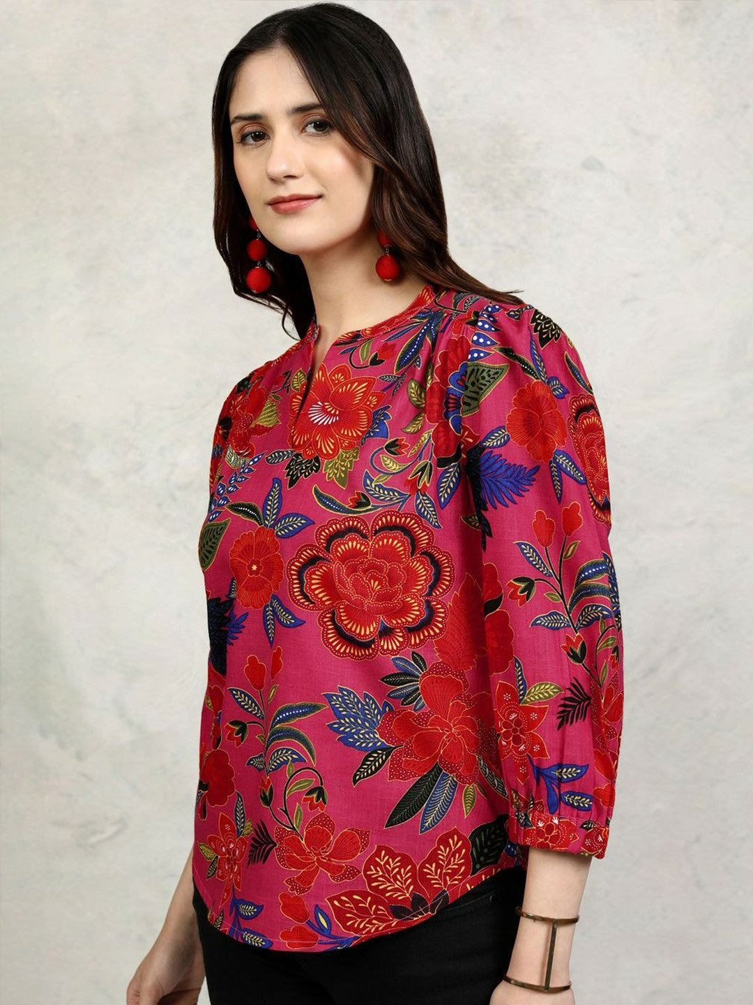 Women's Pink Floral Printed Cotton Top – Mandarin Collar, Long Sleeves | Indiaista