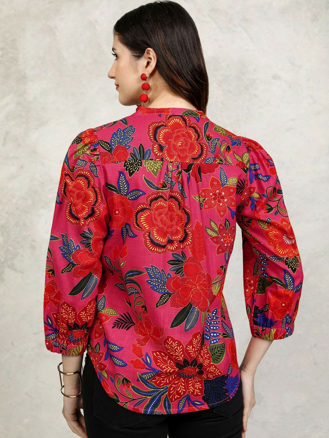 Women's Pink Floral Printed Cotton Top – Mandarin Collar, Long Sleeves | Indiaista