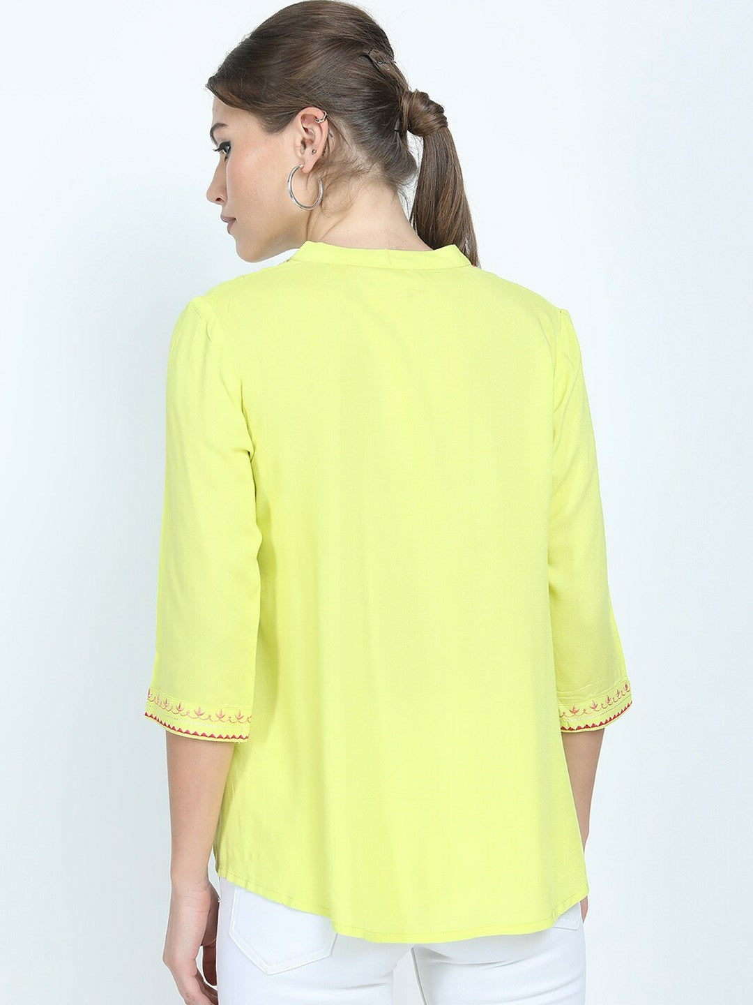 Yellow Floral Embroidered Top for Women – Mandarin Collar, 3/4 Sleeves, Pleated Design | Indiaista