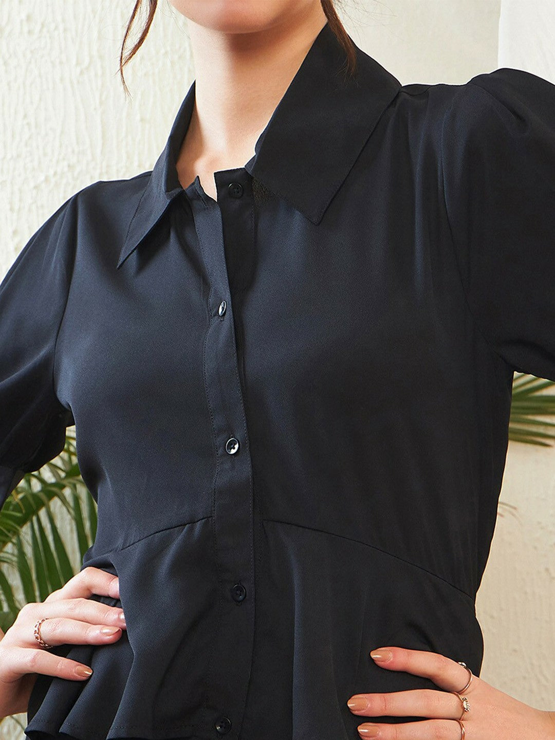 Black Georgette Shirt-Style Top for Women – Puff Sleeves, Button Closure | Indiaista