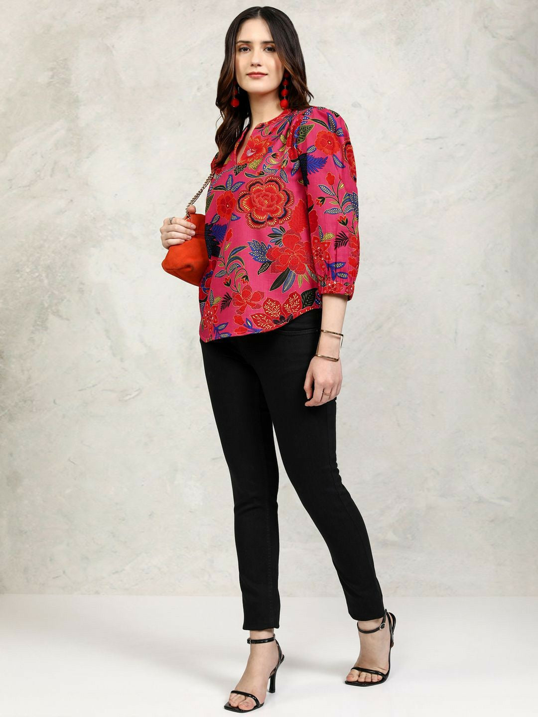 Women's Pink Floral Printed Cotton Top – Mandarin Collar, Long Sleeves | Indiaista