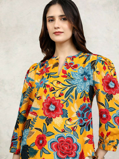 Mustard Yellow Floral Printed Cotton Top for Women – Mandarin Collar, Puff Sleeves | Indiaista