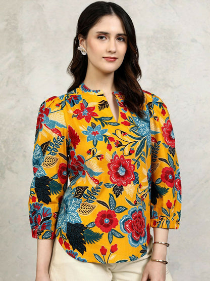 Mustard Yellow Floral Printed Cotton Top for Women – Mandarin Collar, Puff Sleeves | Indiaista