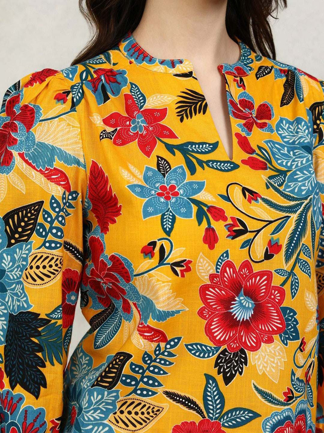 Mustard Yellow Floral Printed Cotton Top for Women – Mandarin Collar, Puff Sleeves | Indiaista