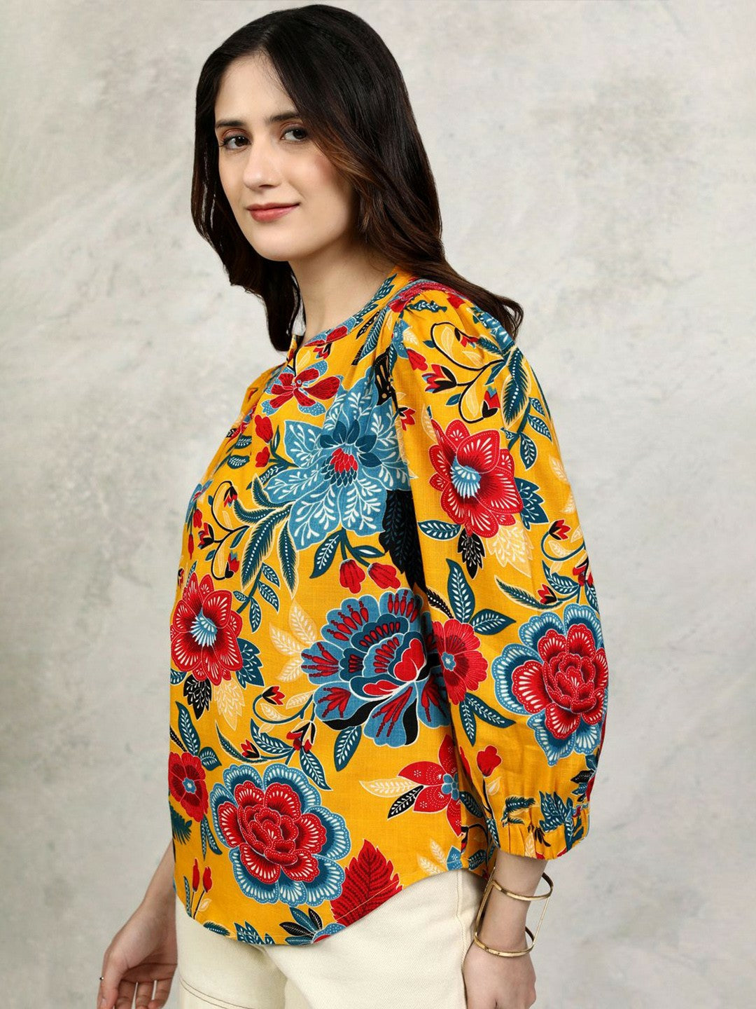 Mustard Yellow Floral Printed Cotton Top for Women – Mandarin Collar, Puff Sleeves | Indiaista