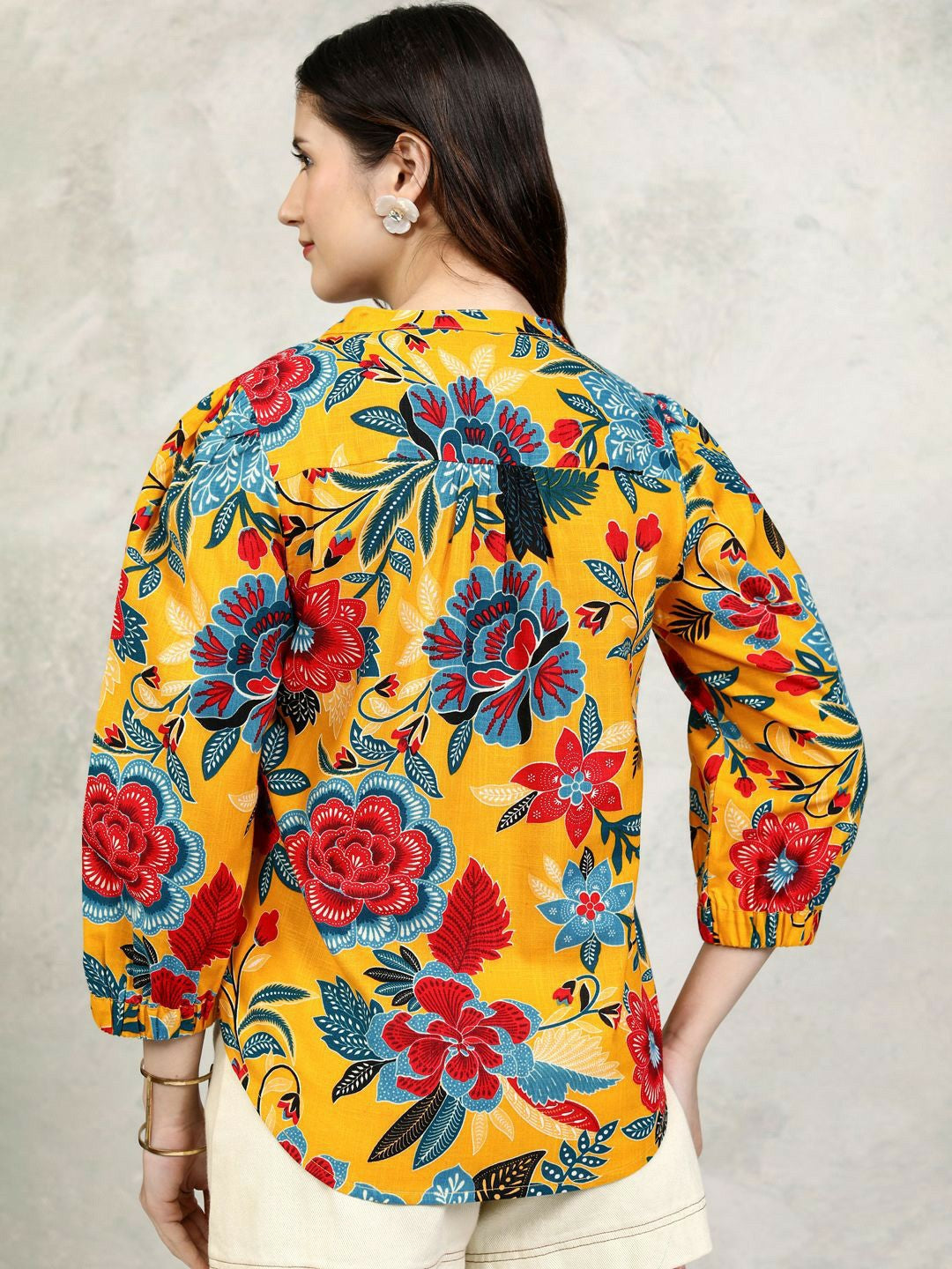 Mustard Yellow Floral Printed Cotton Top for Women – Mandarin Collar, Puff Sleeves | Indiaista