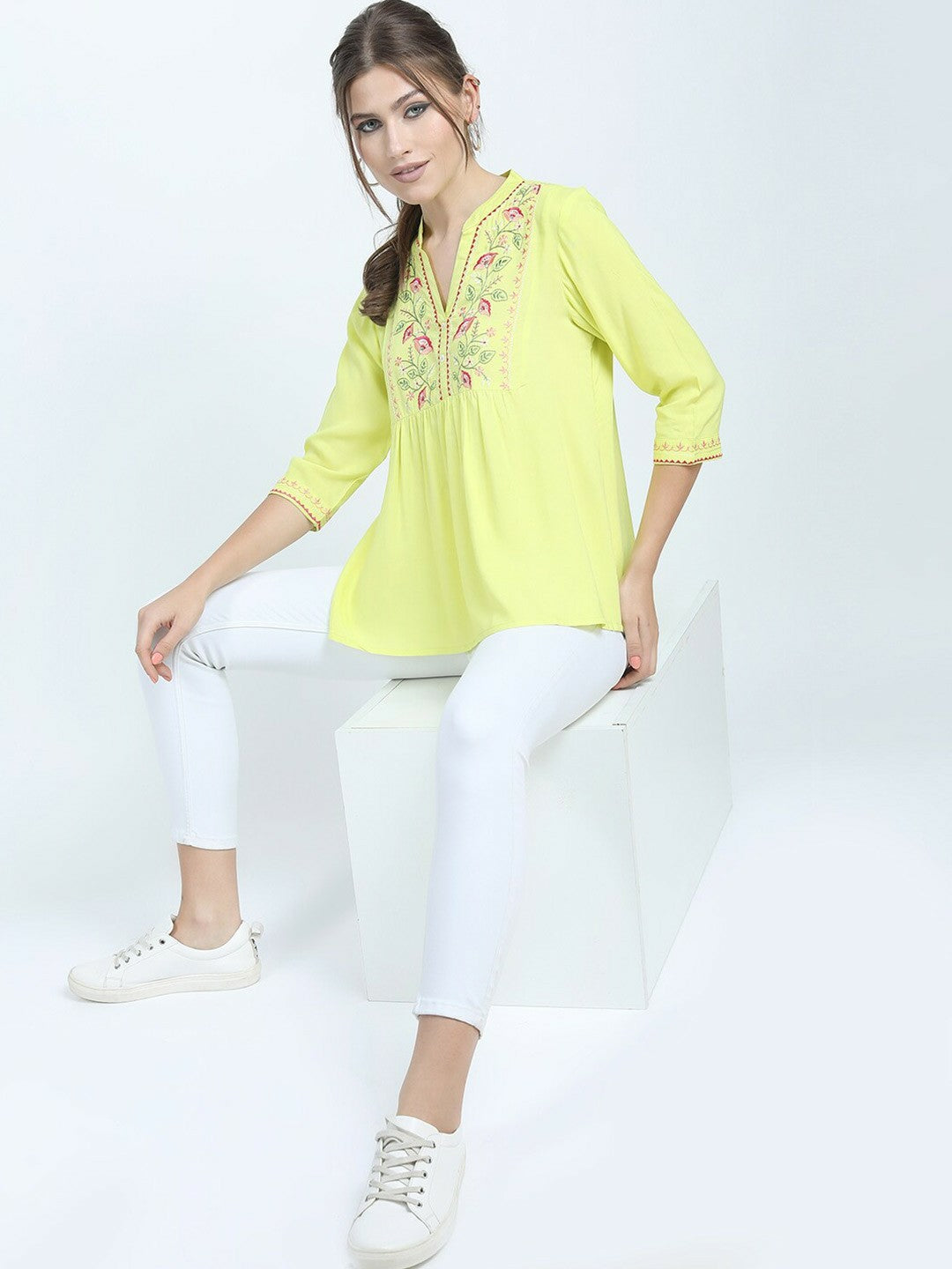 Yellow Floral Embroidered Top for Women – Mandarin Collar, 3/4 Sleeves, Pleated Design | Indiaista