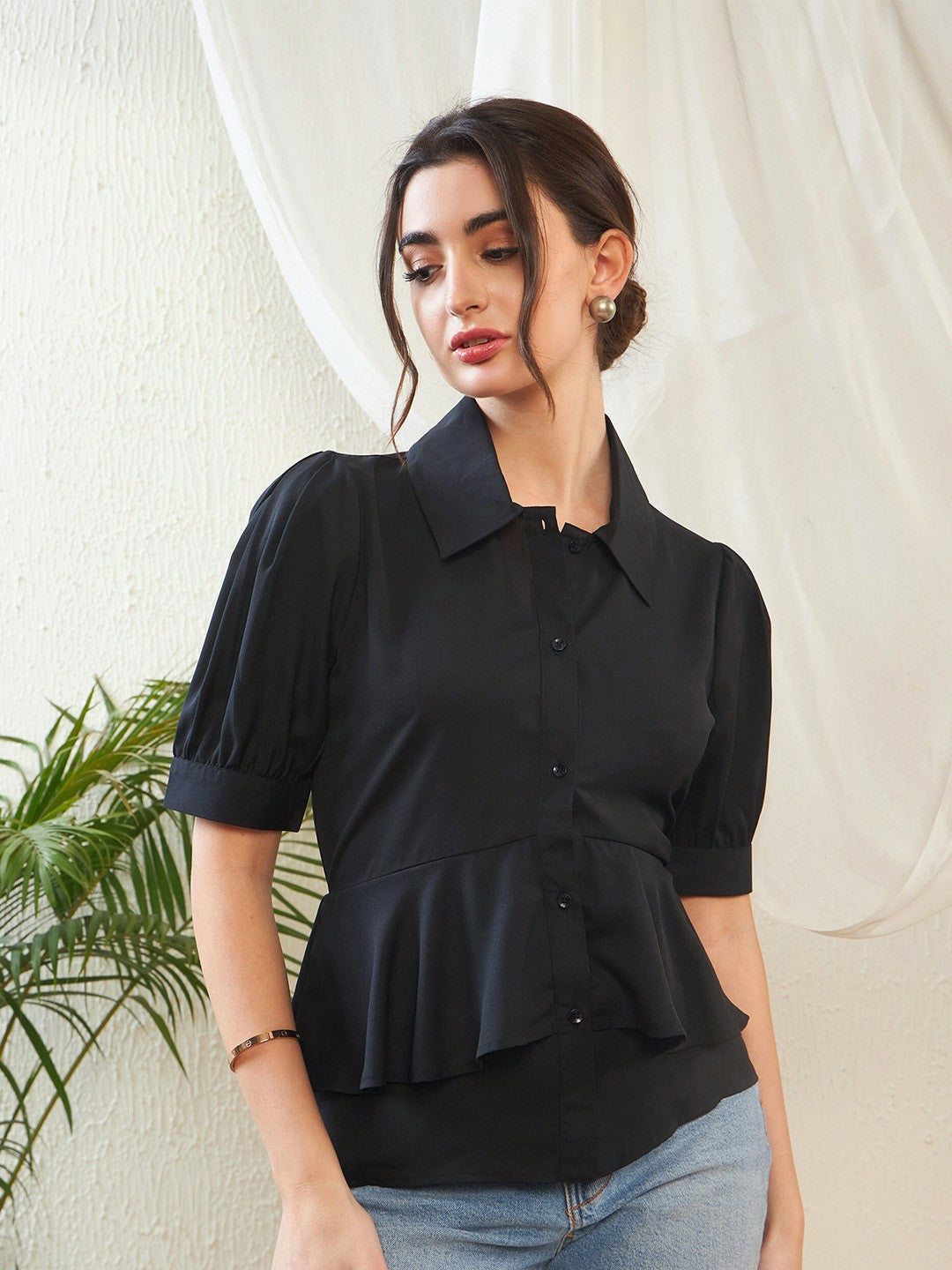 Black Georgette Shirt-Style Top for Women – Puff Sleeves, Button Closure | Indiaista