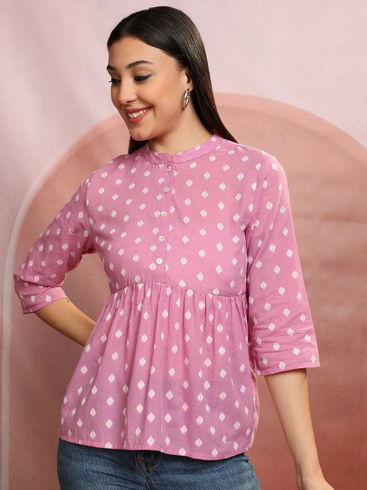 Pink & White Geometric Peplum Top for Women – Cotton, Mandarin Collar, Elegant Casual Wear | Indiaista