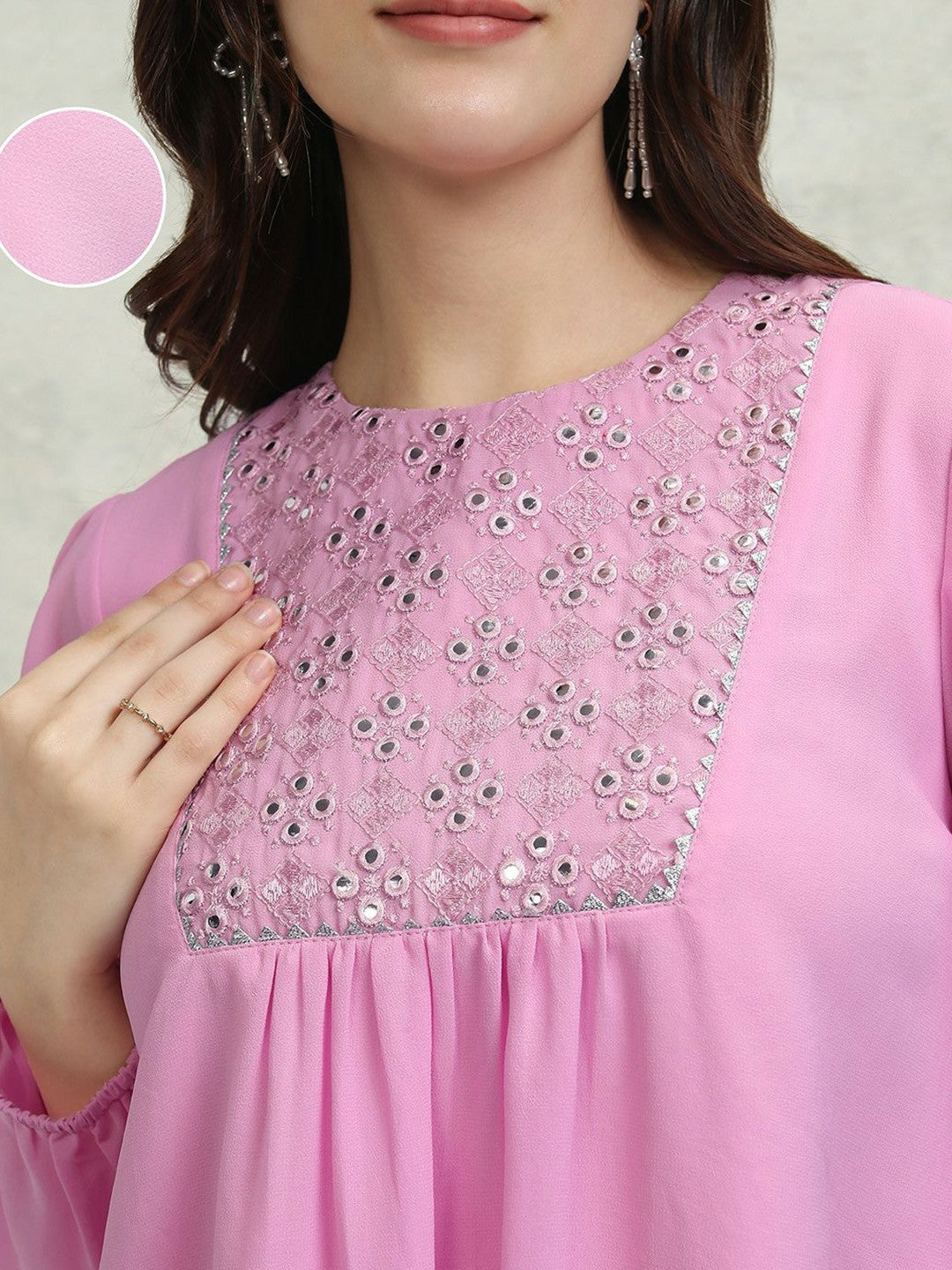 Lavender Embroidered Ethnic Top for Women – Round Neck, Bishop Sleeves | Indiaista