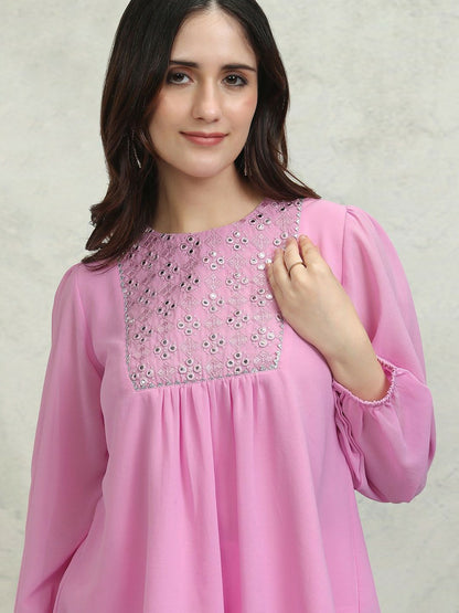 Lavender Embroidered Ethnic Top for Women – Round Neck, Bishop Sleeves | Indiaista