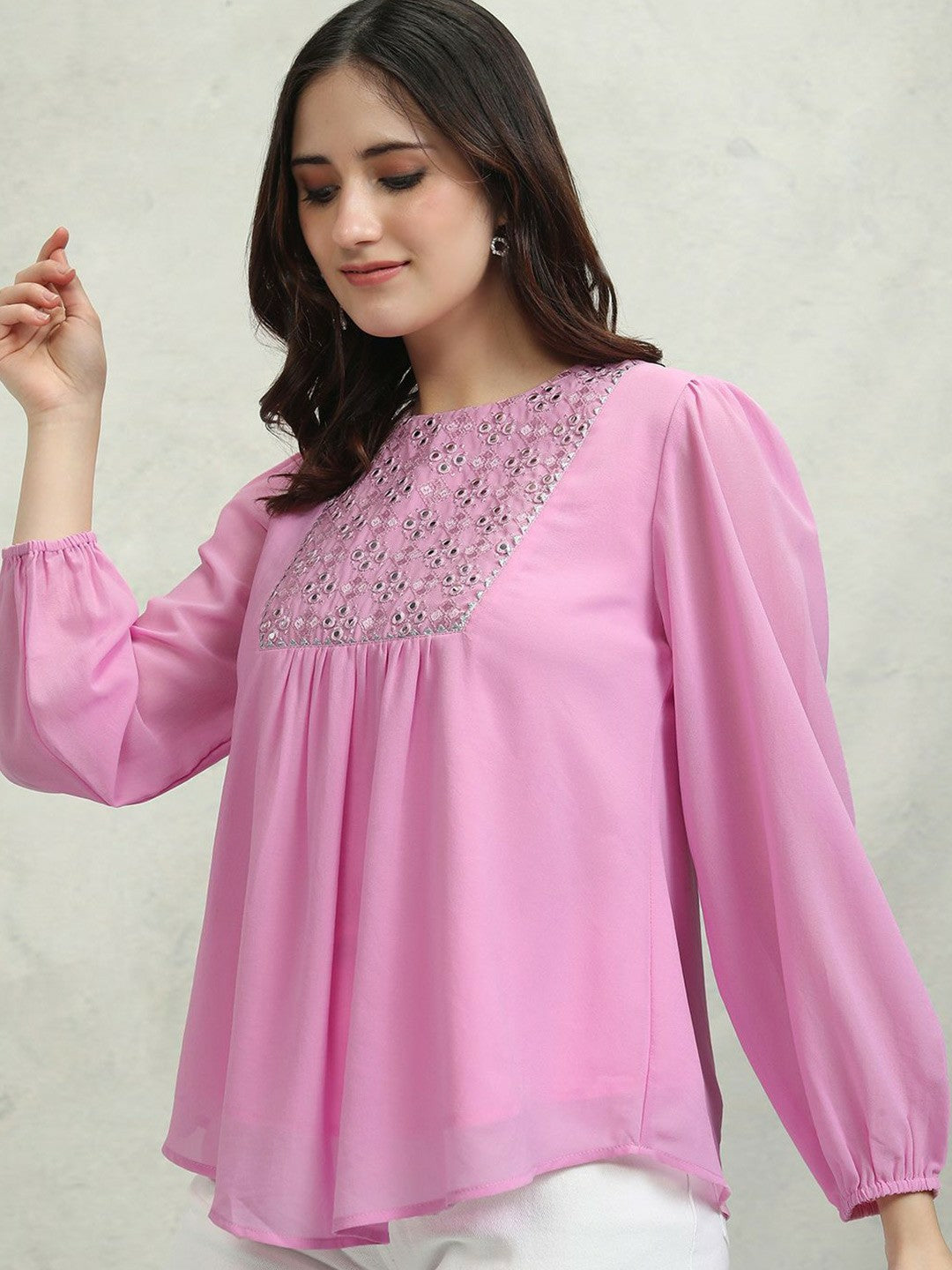 Lavender Embroidered Ethnic Top for Women – Round Neck, Bishop Sleeves | Indiaista