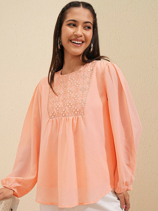 Peach Embroidered Ethnic Top for Women – Round Neck, Bishop Sleeves, Elegant Casual Wear | Indiaista