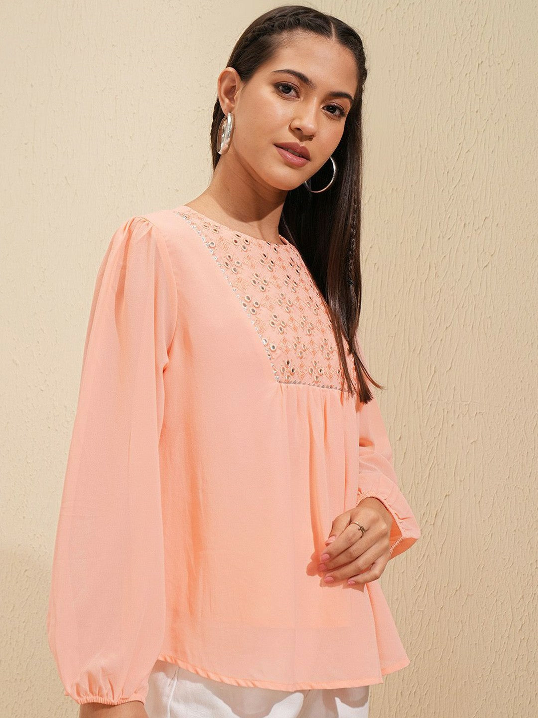 Peach Embroidered Ethnic Top for Women – Round Neck, Bishop Sleeves, Elegant Casual Wear | Indiaista