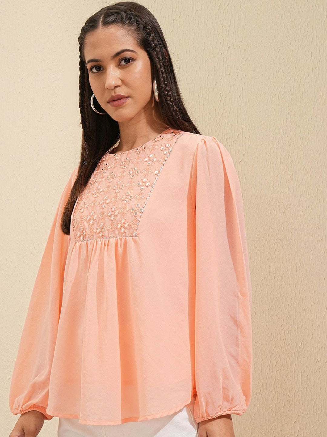 Peach Embroidered Ethnic Top for Women – Round Neck, Bishop Sleeves, Elegant Casual Wear | Indiaista