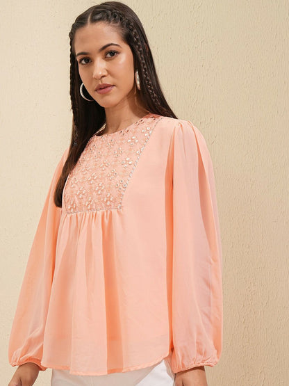 Peach Embroidered Ethnic Top for Women – Round Neck, Bishop Sleeves, Elegant Casual Wear | Indiaista