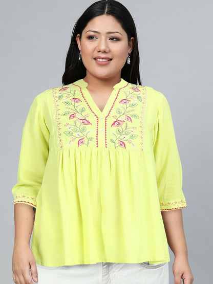 Yellow Floral Embroidered Top for Women – Mandarin Collar, 3/4 Sleeves, Pleated Design | Indiaista