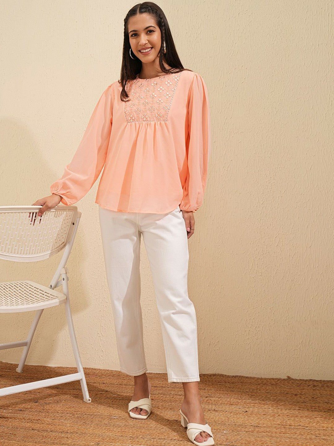 Peach Embroidered Ethnic Top for Women – Round Neck, Bishop Sleeves, Elegant Casual Wear | Indiaista