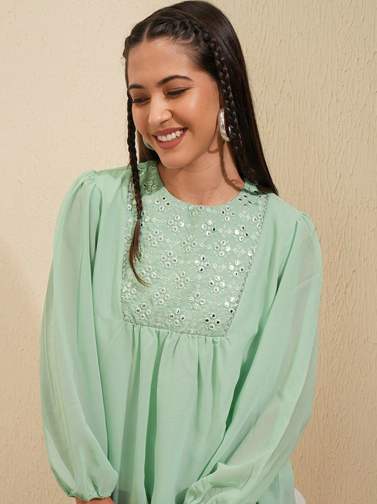 Sea Green Embroidered Ethnic Top for Women – Round Neck, Bishop Sleeves | Indiaista