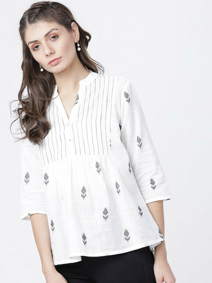 Women’s Off-White Printed A-Line Top – Mandarin Collar, 3/4th Sleeves | Indiaista