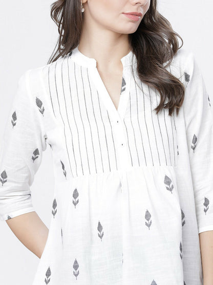 Women’s Off-White Printed A-Line Top – Mandarin Collar, 3/4th Sleeves | Indiaista