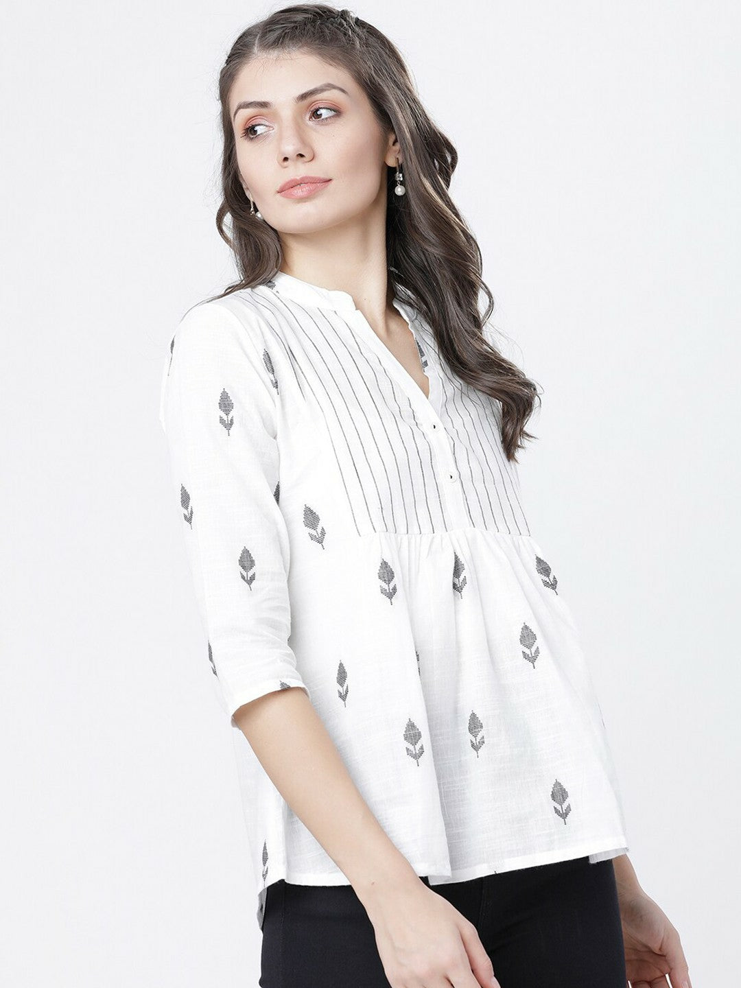 Women’s Off-White Printed A-Line Top – Mandarin Collar, 3/4th Sleeves | Indiaista