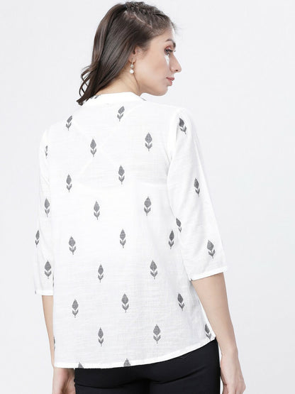 Women’s Off-White Printed A-Line Top – Mandarin Collar, 3/4th Sleeves | Indiaista