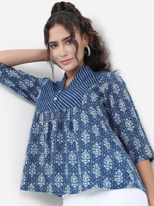 Blue Floral Printed A-Line Top for Women – Mandarin Collar, 3/4 Sleeves | Indiaista