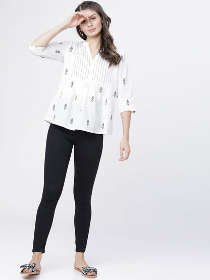 Women’s Off-White Printed A-Line Top – Mandarin Collar, 3/4th Sleeves | Indiaista