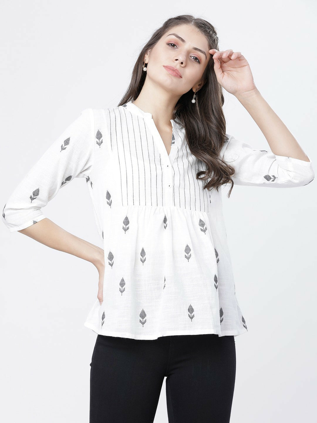 Women’s Off-White Printed A-Line Top – Mandarin Collar, 3/4th Sleeves | Indiaista