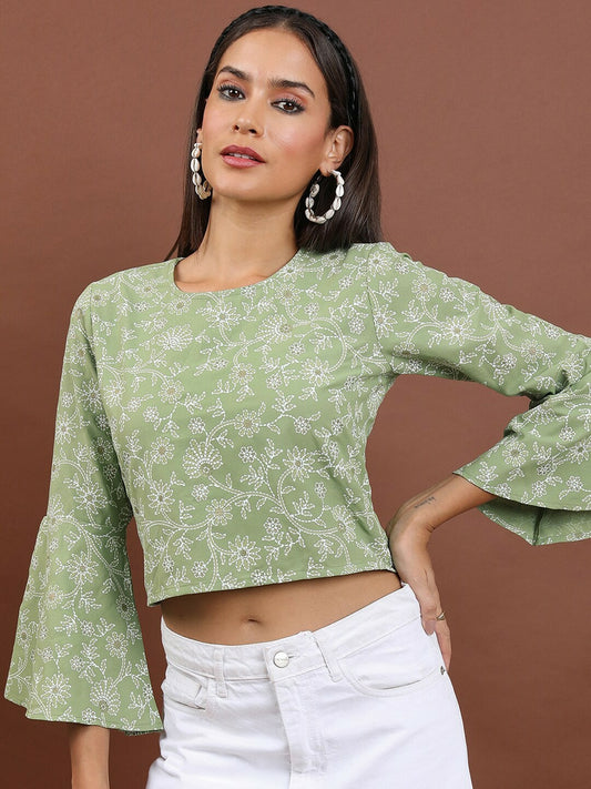 Green & White Floral Printed Bell Sleeve Top for Women – Round Neck, Trendy & Stylish | Indiaista