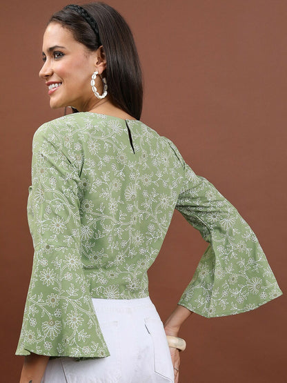 Green & White Floral Printed Bell Sleeve Top for Women – Round Neck, Trendy & Stylish | Indiaista