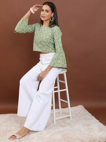 Green & White Floral Printed Bell Sleeve Top for Women – Round Neck, Trendy & Stylish | Indiaista