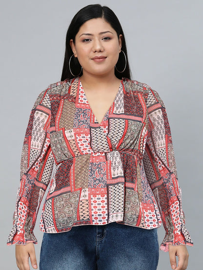 Women’s Brown & Orange Abstract Printed Top – V-Neck, Puff Sleeves, Stylish Casual Wear | Indiaista