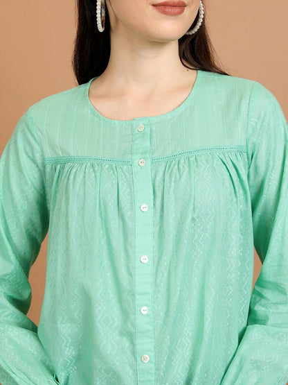 Women's Green Cotton Shirt-Style Top – Geometric Self Design, Bell Sleeves | Indiaista