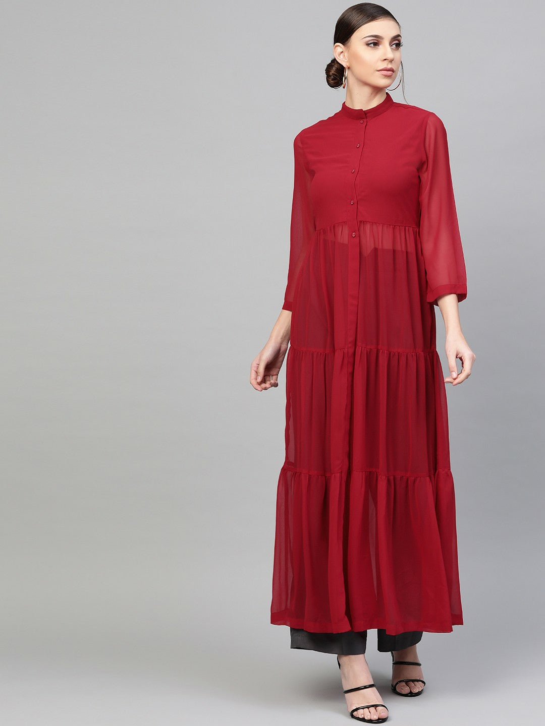 Women’s Maroon Semi-Sheer Tiered Maxi Top – Mandarin Collar & Flounce Hem | Indiaista