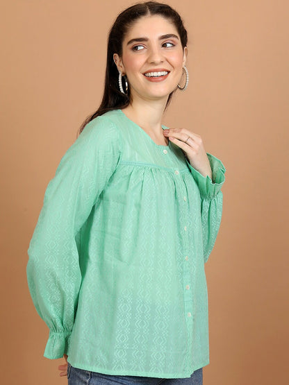 Women's Green Cotton Shirt-Style Top – Geometric Self Design, Bell Sleeves | Indiaista