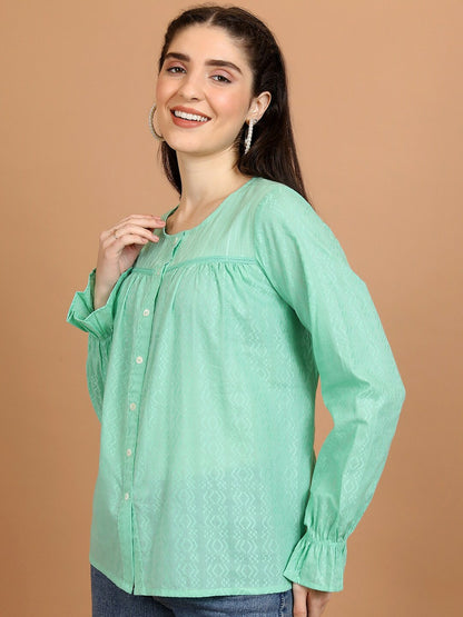 Women's Green Cotton Shirt-Style Top – Geometric Self Design, Bell Sleeves | Indiaista