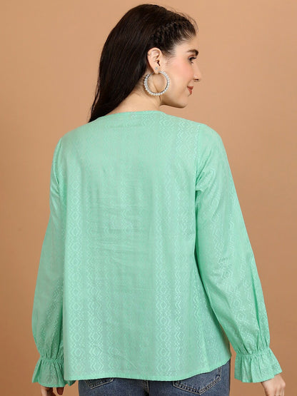 Women's Green Cotton Shirt-Style Top – Geometric Self Design, Bell Sleeves | Indiaista