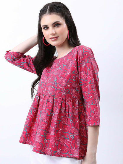 Pink & Green Floral Print A-Line Top for Women – Round Neck, 3/4 Sleeves | Indiaista