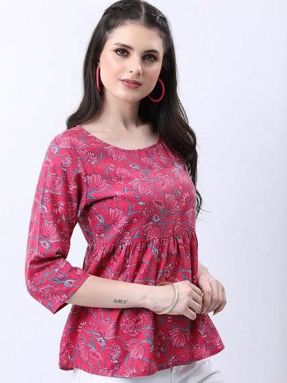 Pink & Green Floral Print A-Line Top for Women – Round Neck, 3/4 Sleeves | Indiaista