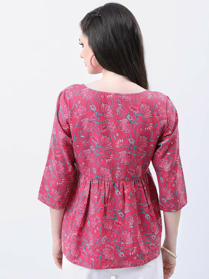 Pink & Green Floral Print A-Line Top for Women – Round Neck, 3/4 Sleeves | Indiaista