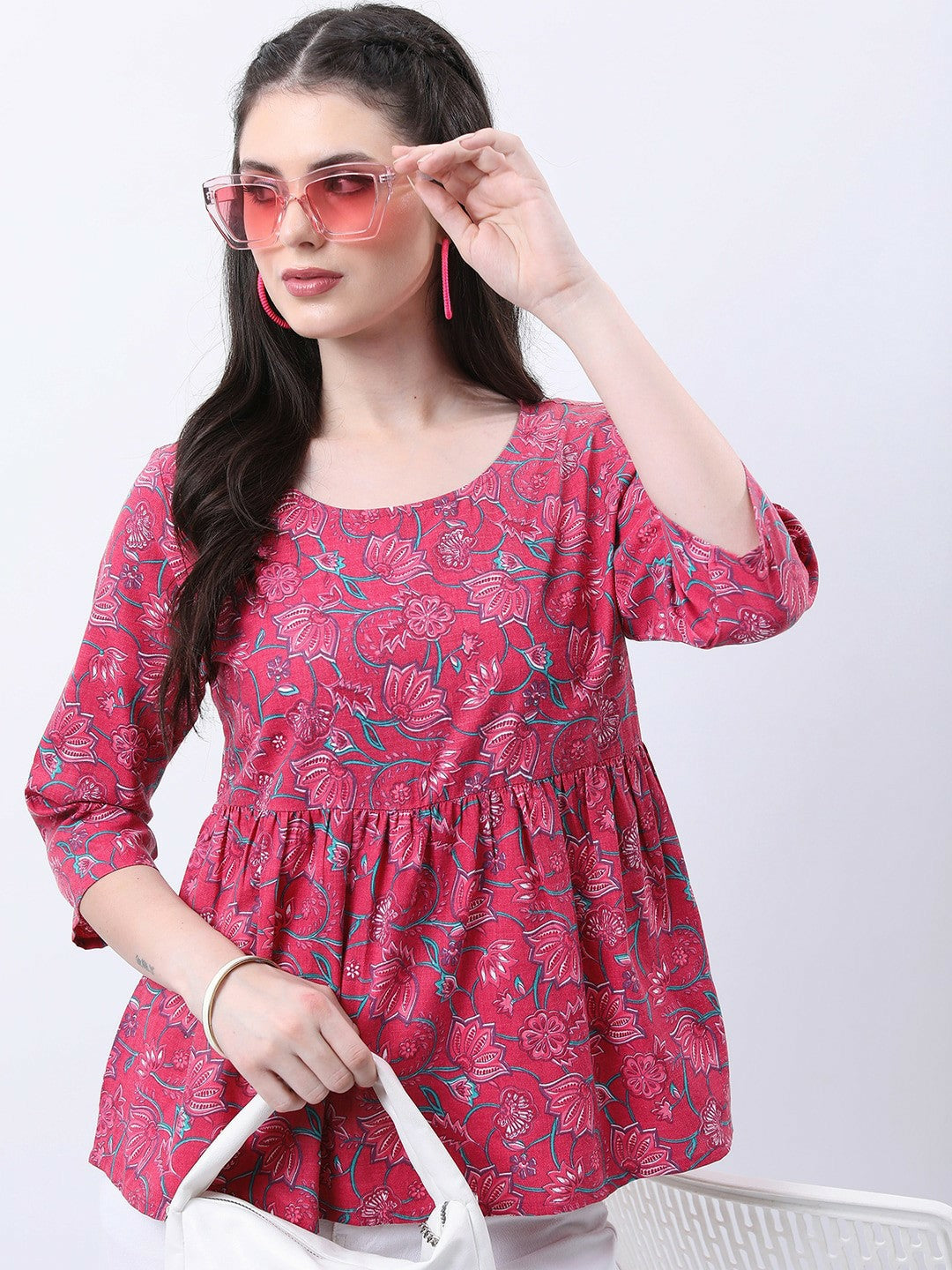 Pink & Green Floral Print A-Line Top for Women – Round Neck, 3/4 Sleeves | Indiaista