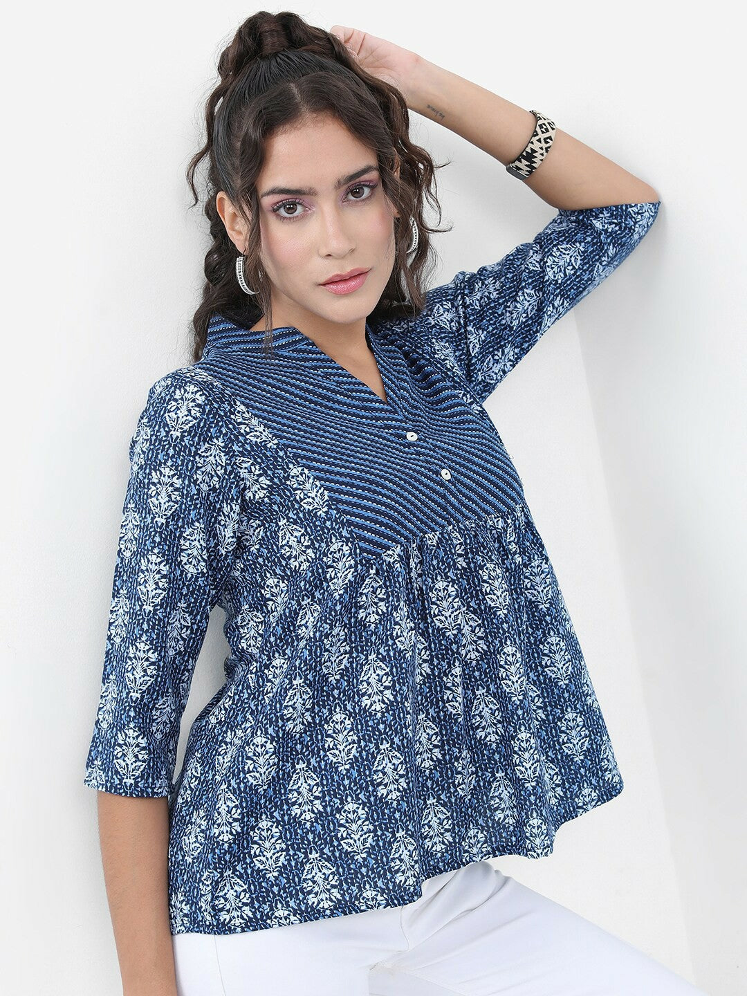 Blue Floral Printed A-Line Top for Women – Mandarin Collar, 3/4 Sleeves | Indiaista