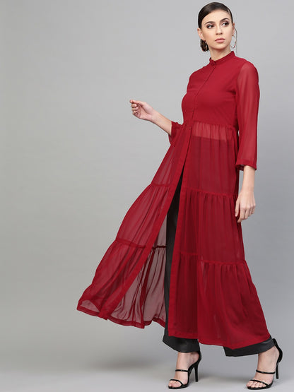 Women’s Maroon Semi-Sheer Tiered Maxi Top – Mandarin Collar & Flounce Hem | Indiaista