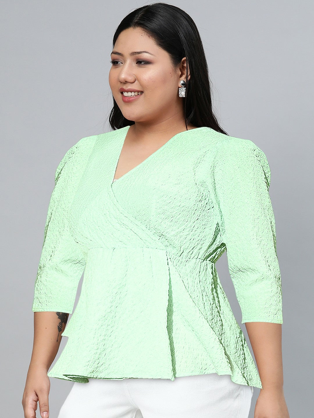 Gorgeous Green Solid V-Neck Top for Women – Puff Sleeves, Trendy Wrap Style | Indiaista